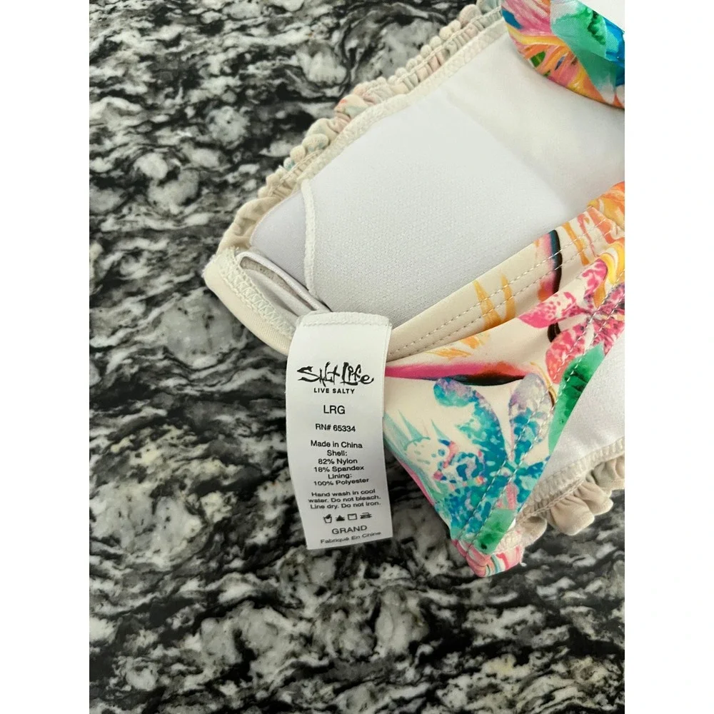 Salt Life Tropical Floral Smocked Bandeau‎ Bikini Top Tie Back LRG Multi Color